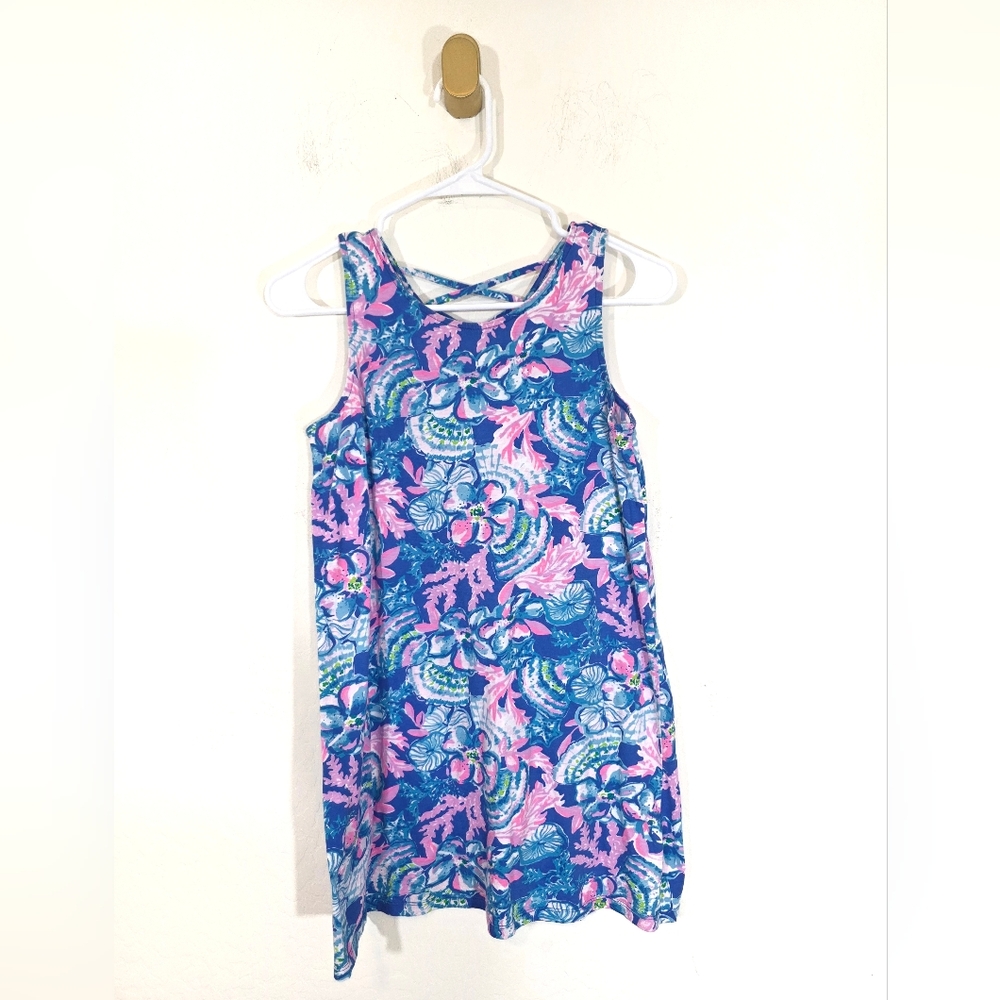 LILLY PULITZER Girls Mini Kristen Dress In Blue Tang Sitting Seaside XL 12/14